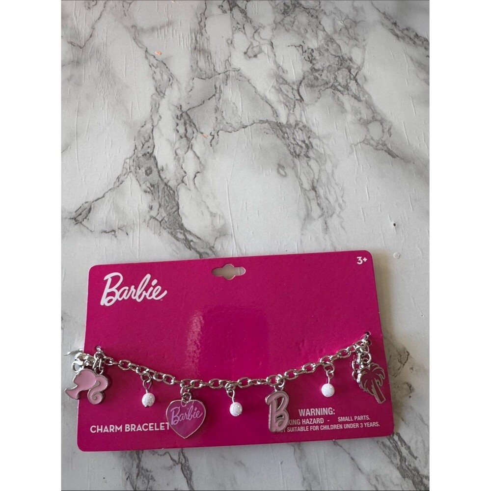 Silver-tone Barbie Theme Charm Bracelet 4 Pink Charms & 3 Bead Charms New